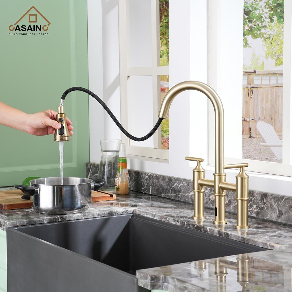 CASAINC Bridge Pull Down Touchless Sensor Kitchen Faucet with 2 Handles
