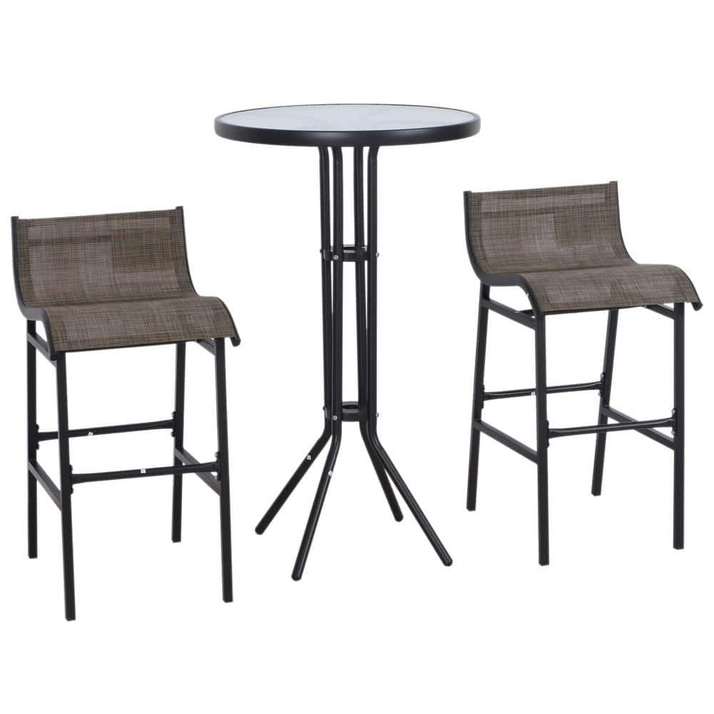 Outsunny 3 Piece Bar Height Outdoor Bistro Set for 2, Round Patio Pub Table 2 Bar Chairs with Comfortable Design & Durable Build, Tan