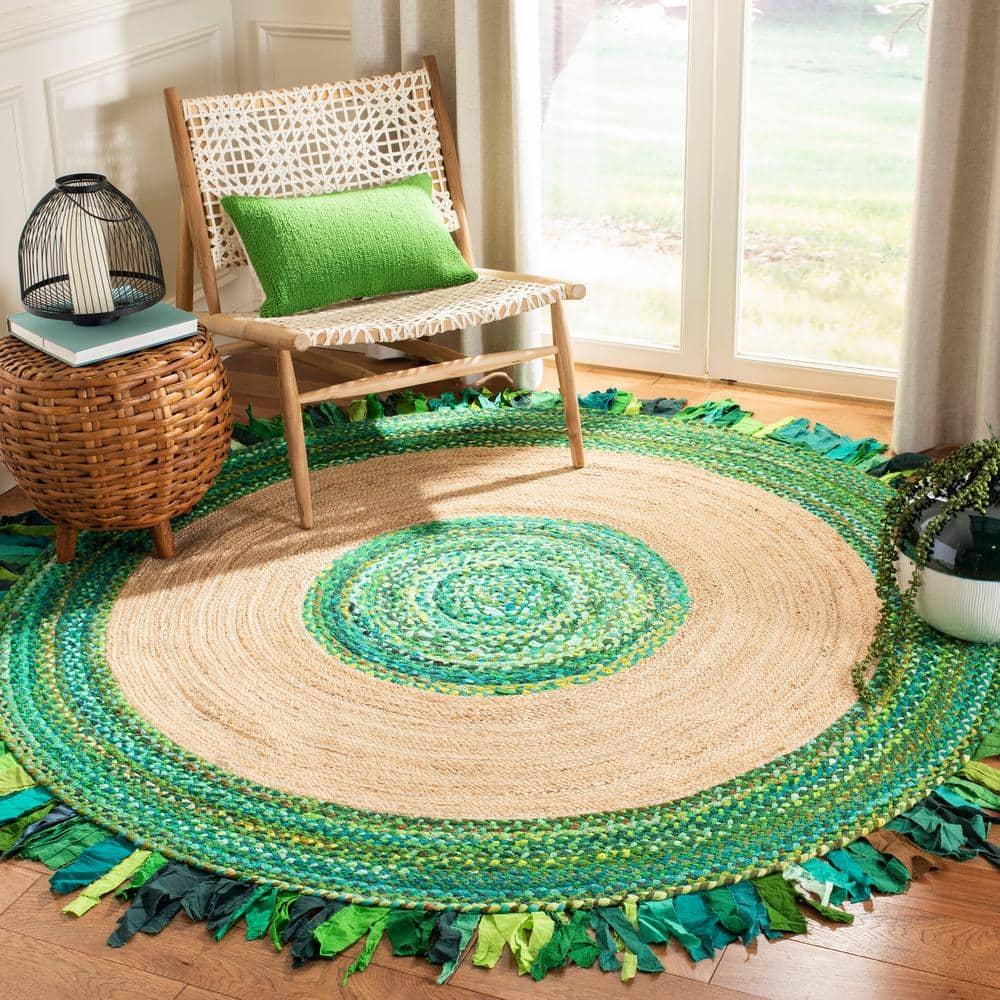 SAFAVIEH Cape Cod Susan Striped Area Rug, Green/Natural, 3' x 3' Round