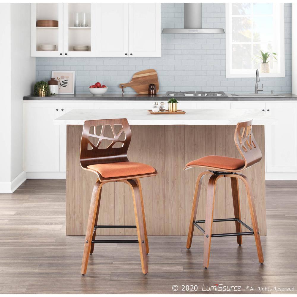 Folia Mid-Century Modern Counter Stool in Walnut Wood and Orange Fabric by LumiSource - Set of 2