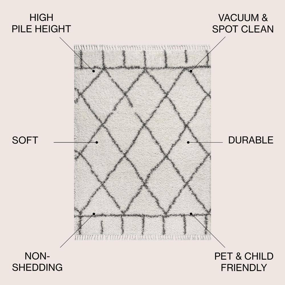8'x10' Mercer Shag Plush Tassel Moroccan Geometric Trellis Area Rug, Cream/Grey - JONATHAN Y