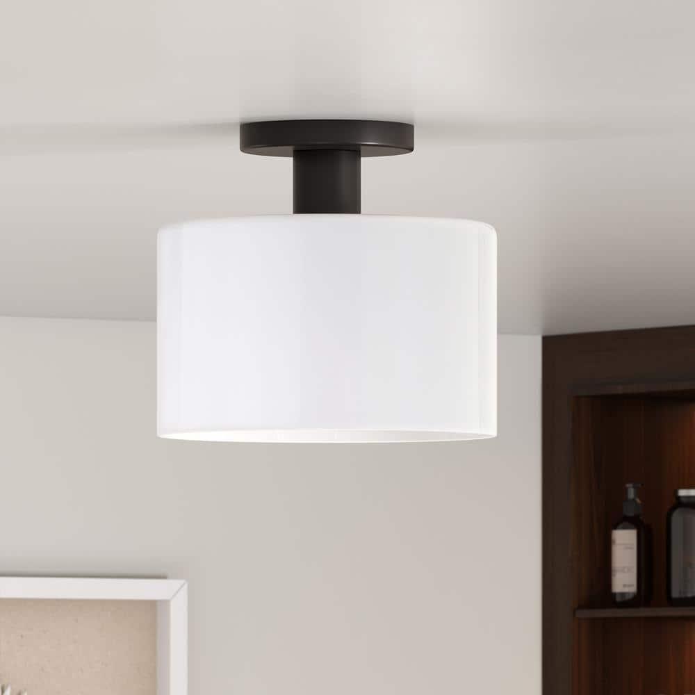 Evelyn&Zoe 10" Matte Black Metal/Glass Semi Flush Mount