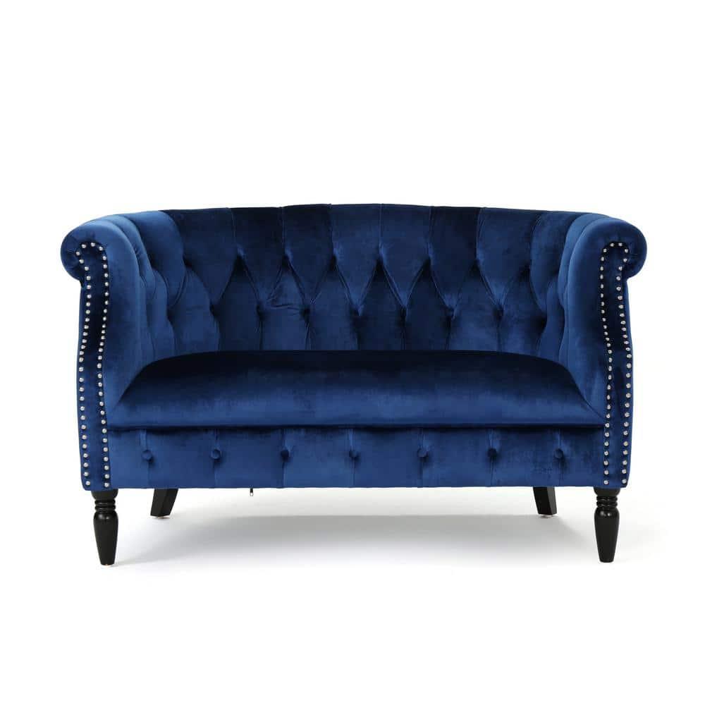 Noble House Myrna Chesterfield Velvet Loveseat with Scrolled Arms, Navy Blue