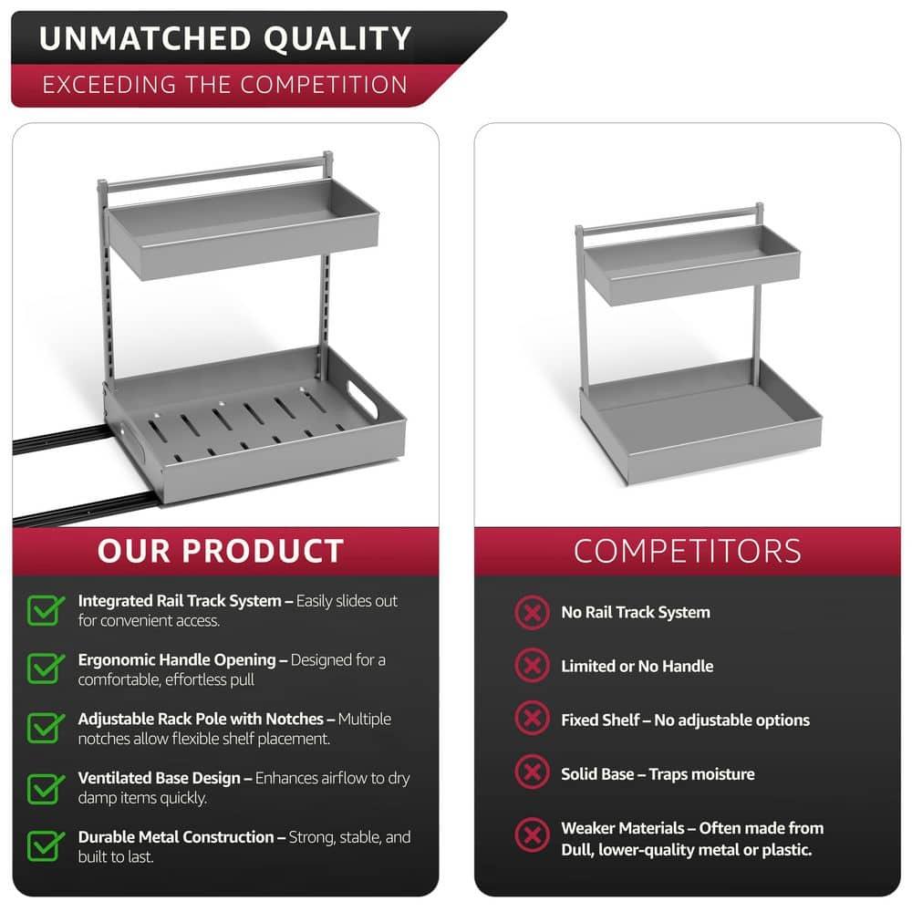 Sorbus Sorbus Under Sink Organizer with Sliding Tracks and Adhesive Tape - 2-Tier Pull-Out Storage Rack for Kitchen and Bathroom - No Drill Under Sink Organization Storage Cabinet Shelf, Set of 2