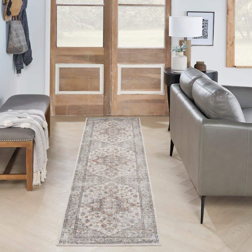 Nourison Astra Machine Washable Vintage Medallion Indoor Bathroom, Kitchen Runner Rug Grey/Multi 2'2" x 12'