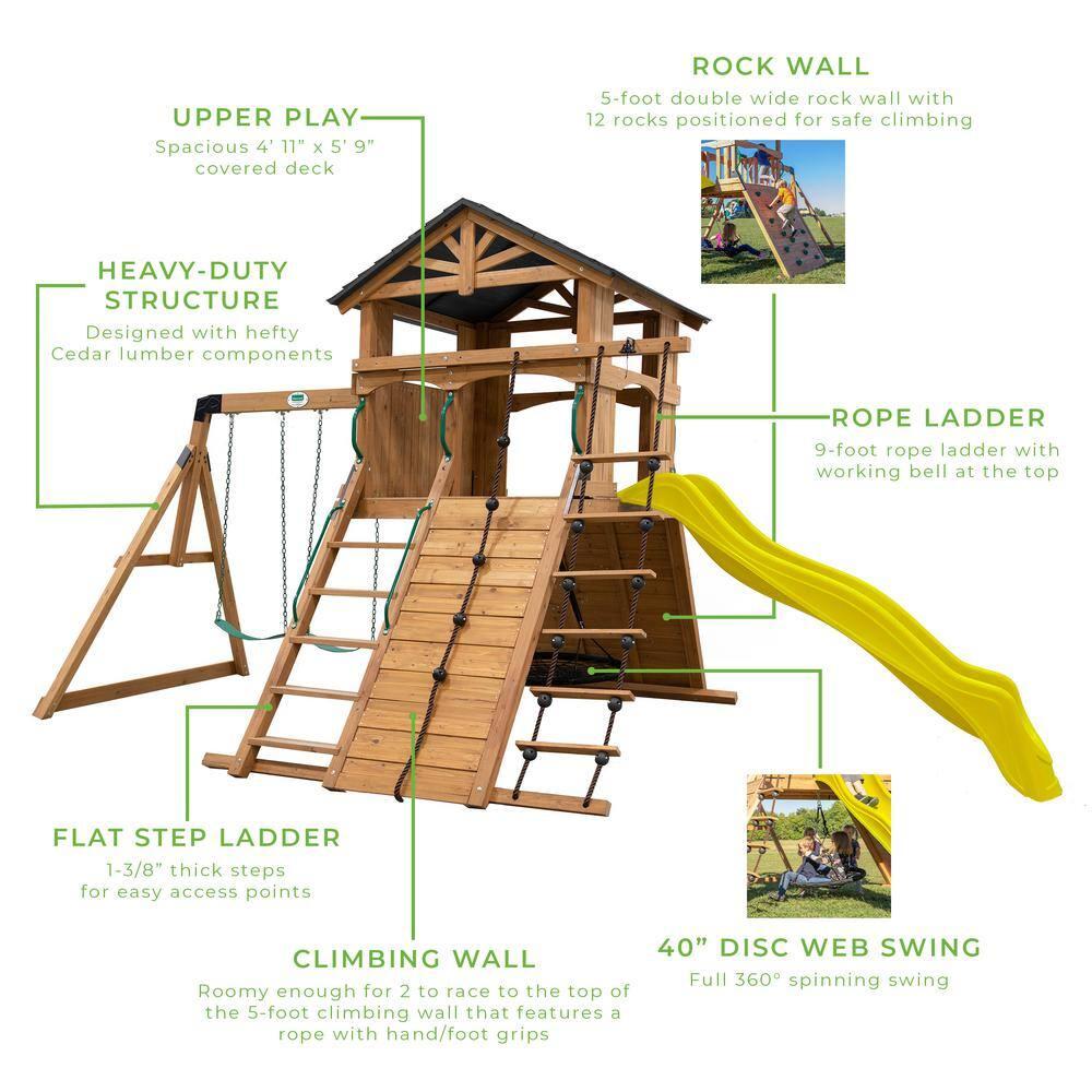 Backyard Discovery Endeavor Cedar Wood Swing Set, Slide, Play Deck, Rock Wall, Rope Ladder