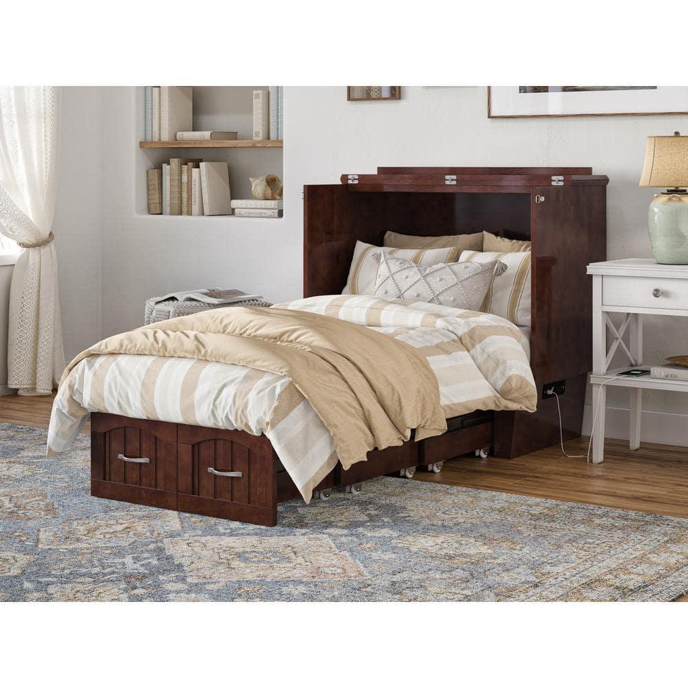 AFI Nantucket Twin Solid Wood Murphy Bed Chest with Mattress, Drawer & Charger, Walnut