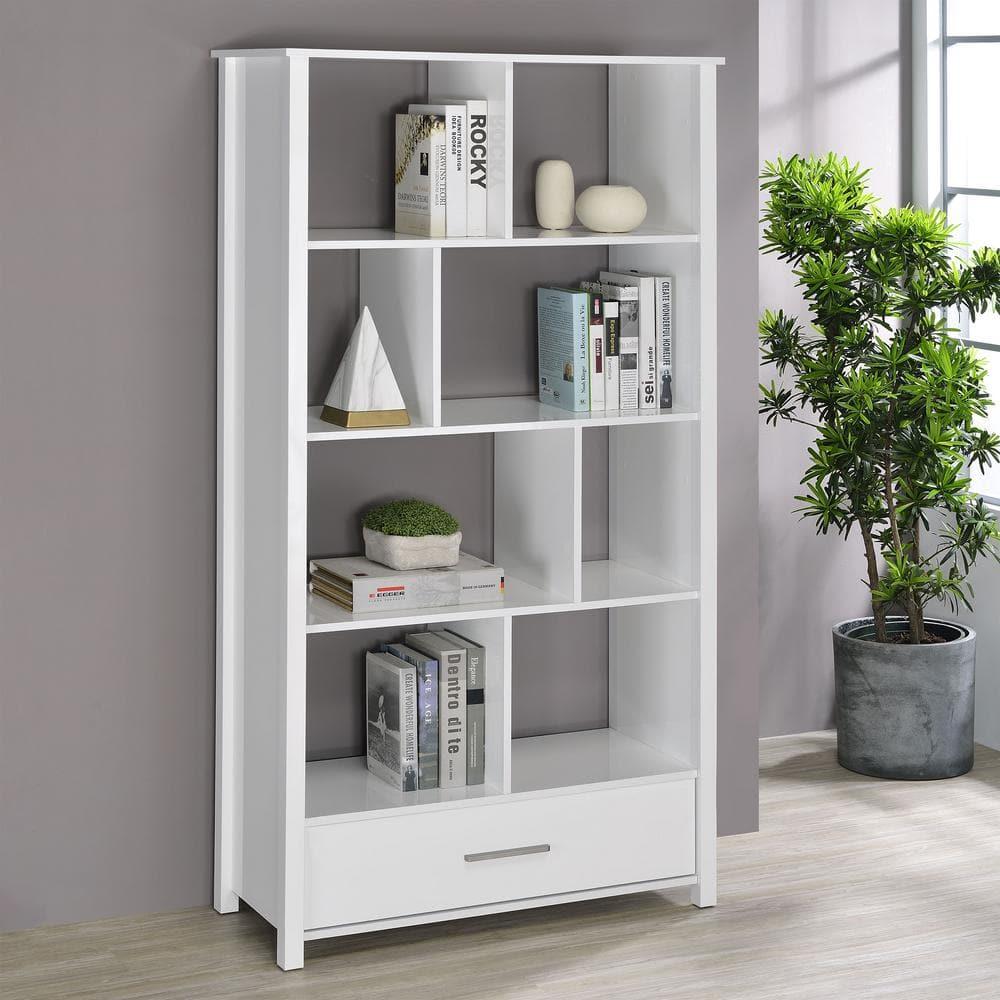 Coaster 68" Dylan 8 Shelf Bookcase with Storage Drawer White High Gloss : Laminated, Modern Design, Zinc Alloy Hardware