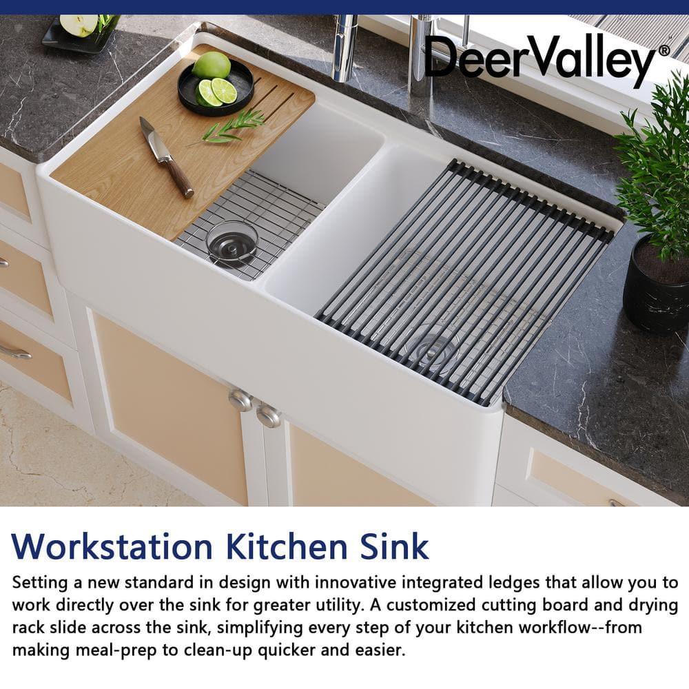 DeerValley 33" L X 20" W Double Basin Workstation Farmhouse Kitchen Sink With Sink Grid, Cutting Board And Dish-Drying Rack