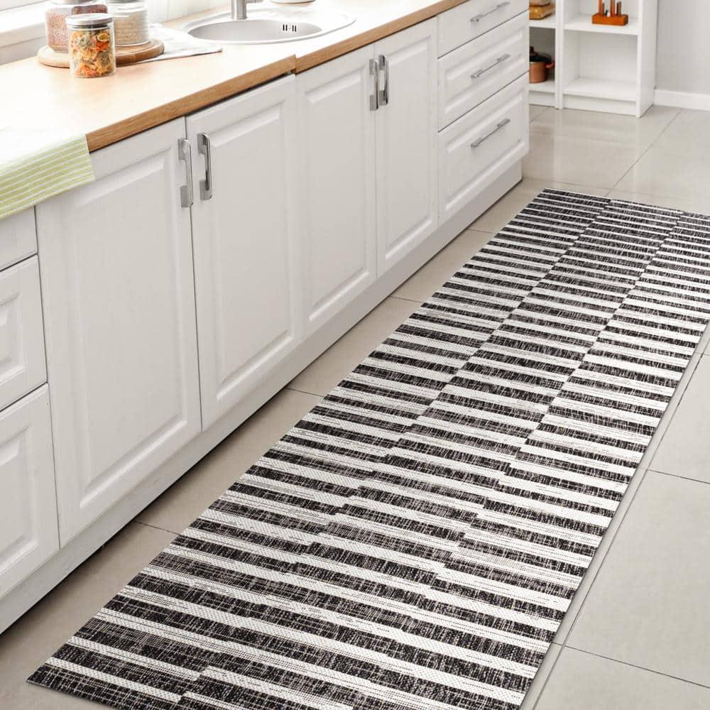 2'x10' Sukie Modern Offset Stripe Indoor/Outdoor Runner Rug, Black/Ivory - JONATHAN Y