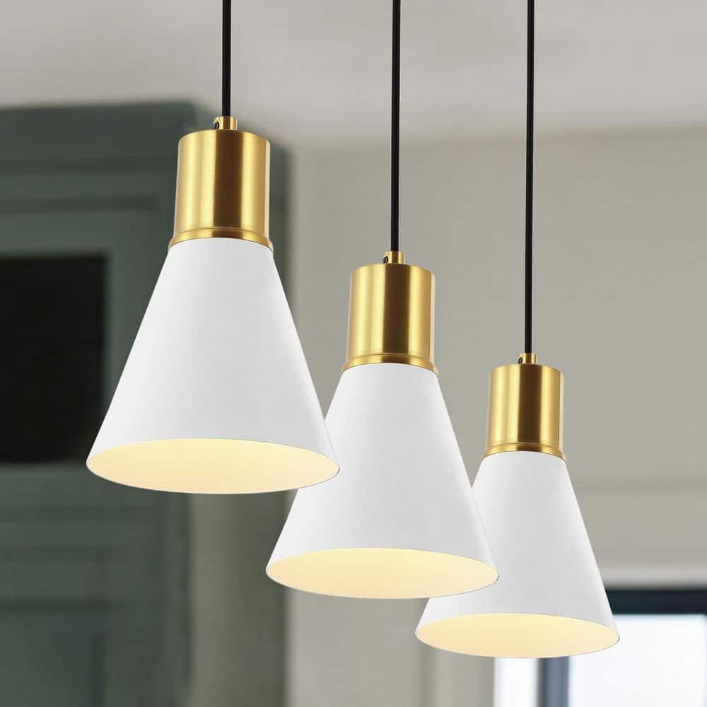 Apollo 33.5" 3-Light Mid-Century Modern Iron Adjustable Linear LED Pendant, White/Brass Gold
