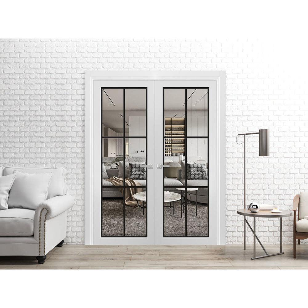 SARTODOORS Stain Resistant Solid French Double Doors With Clear Glass and Frames, Solid Pine Wood White Silk, 60" x 96", 110 lbs