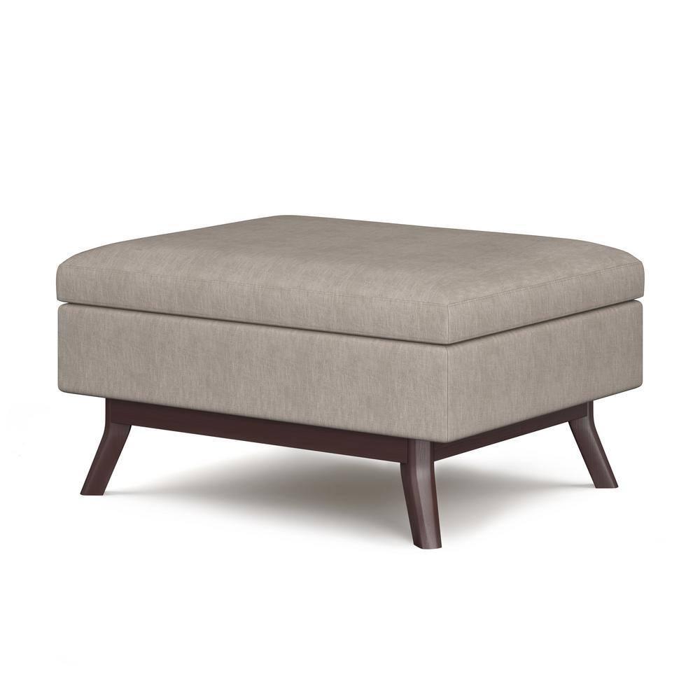 Simpli Home Owen 34"W Upholstered Coffee Table Storage Ottoman with Lift Top and Solid Wood Legs