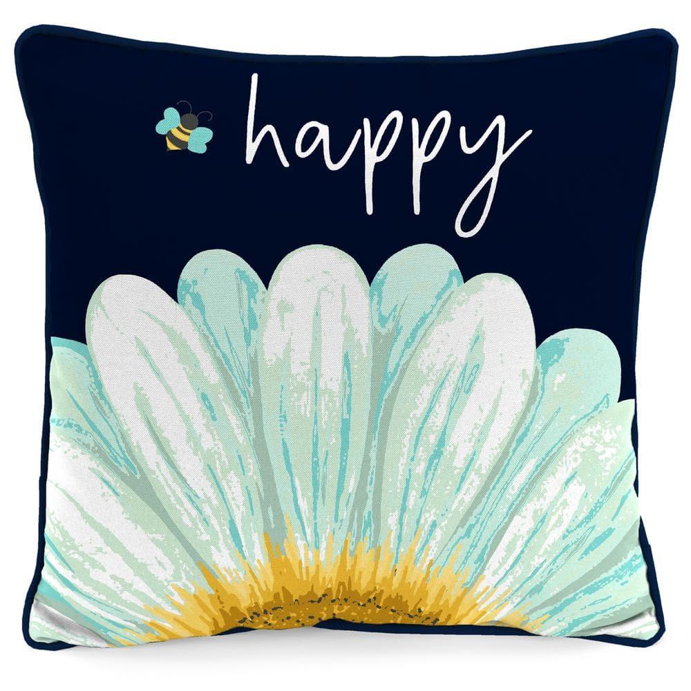 Jordan Manufacturing 16" x 16" Bee Happy Daisy Navy Novelty and Yellow Solid Reversible Square Outdoor Throw Pillow with Welt