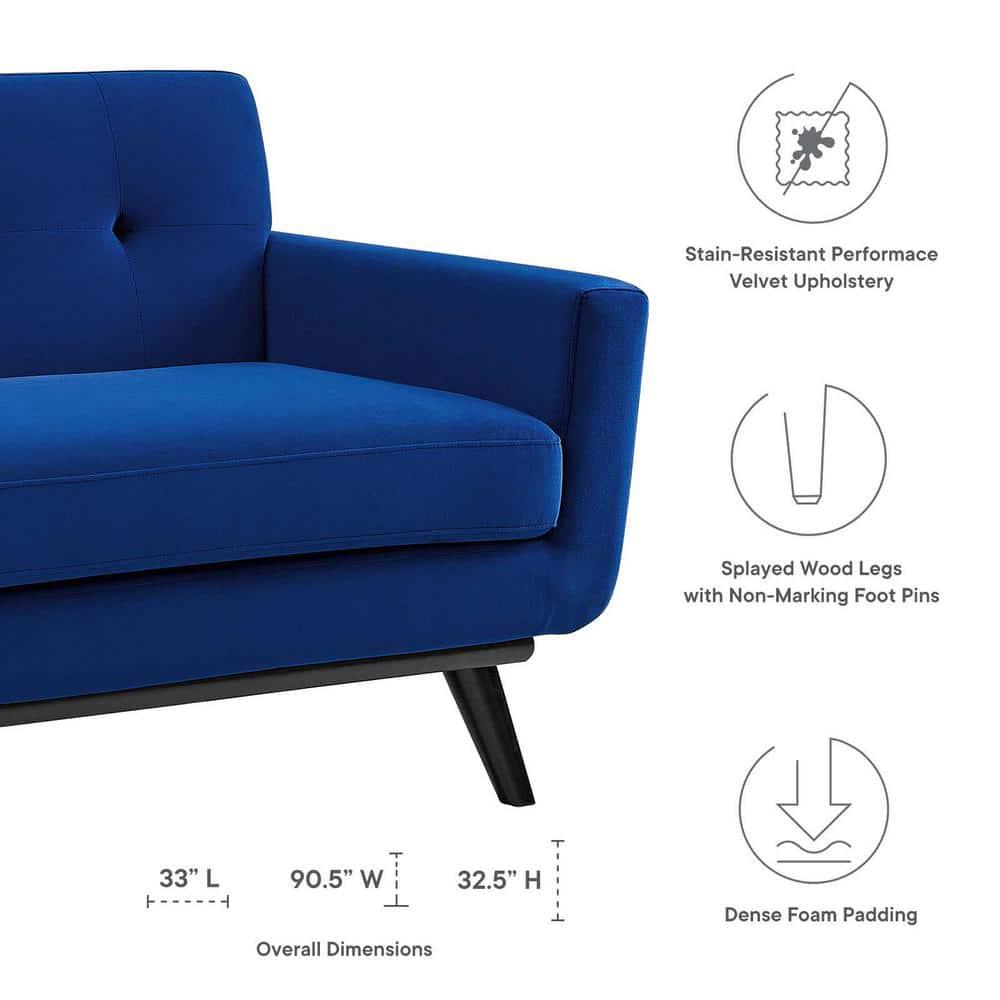 Modway Engage Performance Velvet Sofa Navy: Plush Seating, 3-Person, Tufted Back, Plywood Frame