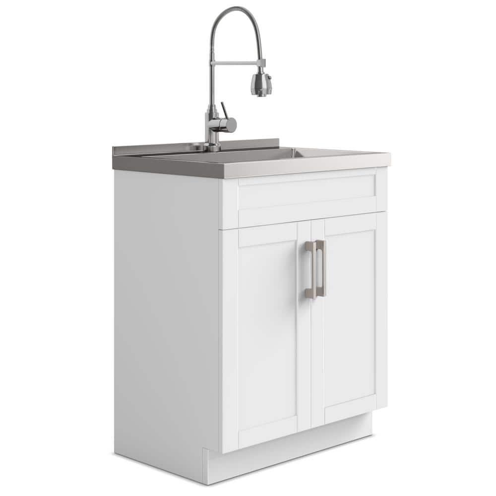 Simpli Home AXCLDYHEN28-SS Hennessy  All-in-One 28-inch Utility Sink & Cabinet in Pure White