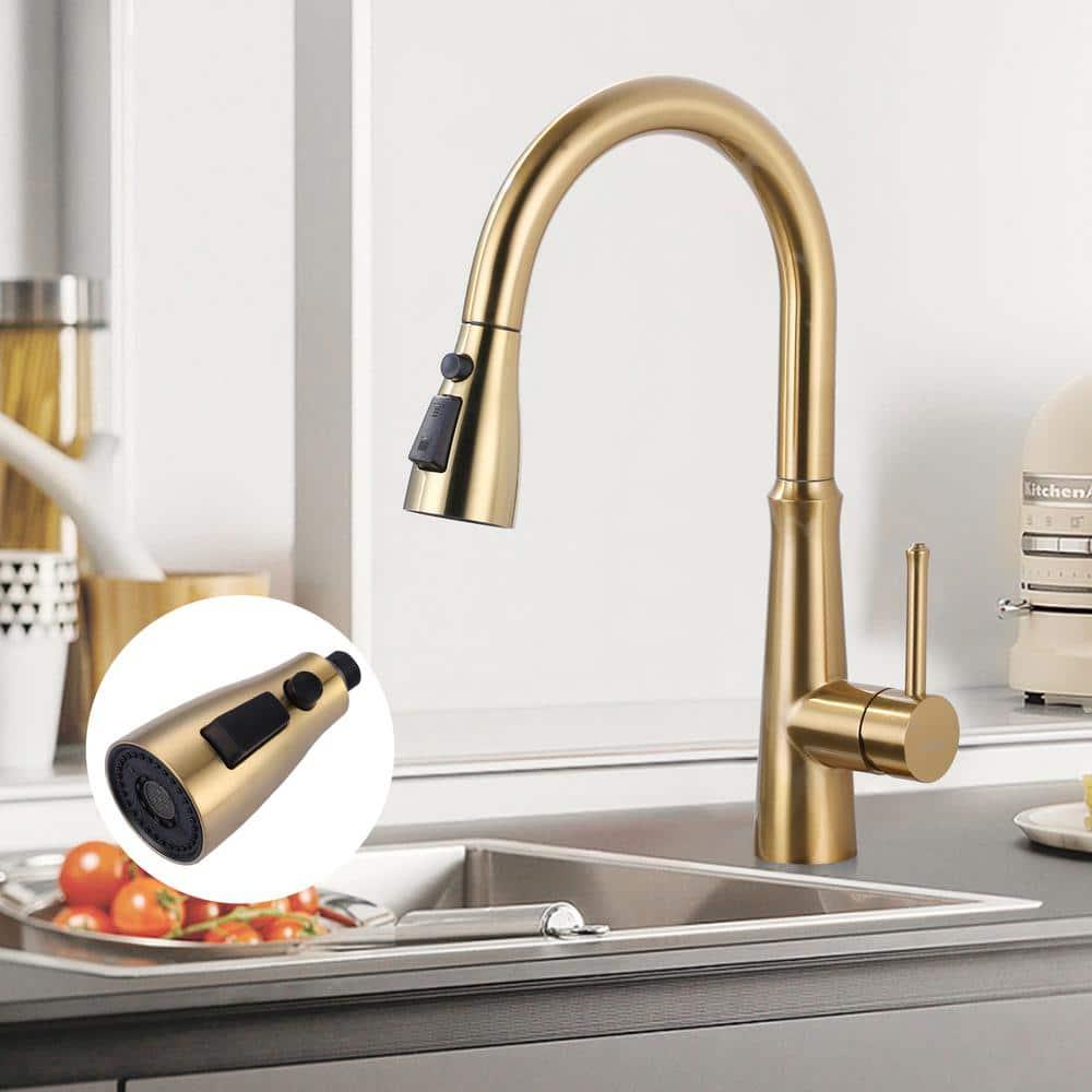 Kitchen Faucet Sprayer Head Replacement - Pull Down Faucet Spray Head with 11 Adapters, Pull Out Faucet Sprayer Nozzle, 3 Function Kitchen Tap Spray Spout Part Connector, Brushed Gold