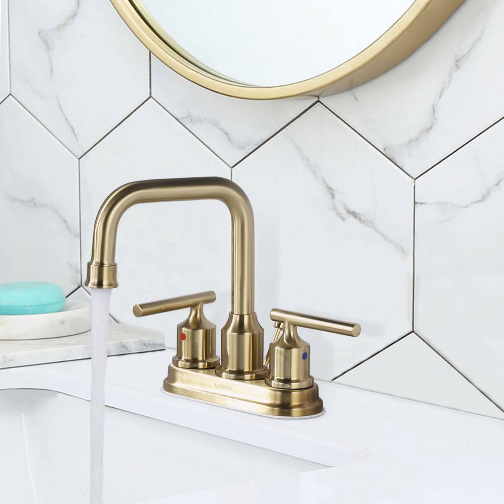 WOWOW Brushed Gold Bathroom Faucet 4 inch Bathroom Sink Faucet 3 Hole RV Sink Tap 2 Handle Vanity Taps with Drain Assembly Centerset Lavatory Mixer 360-Degree Swivel Spout