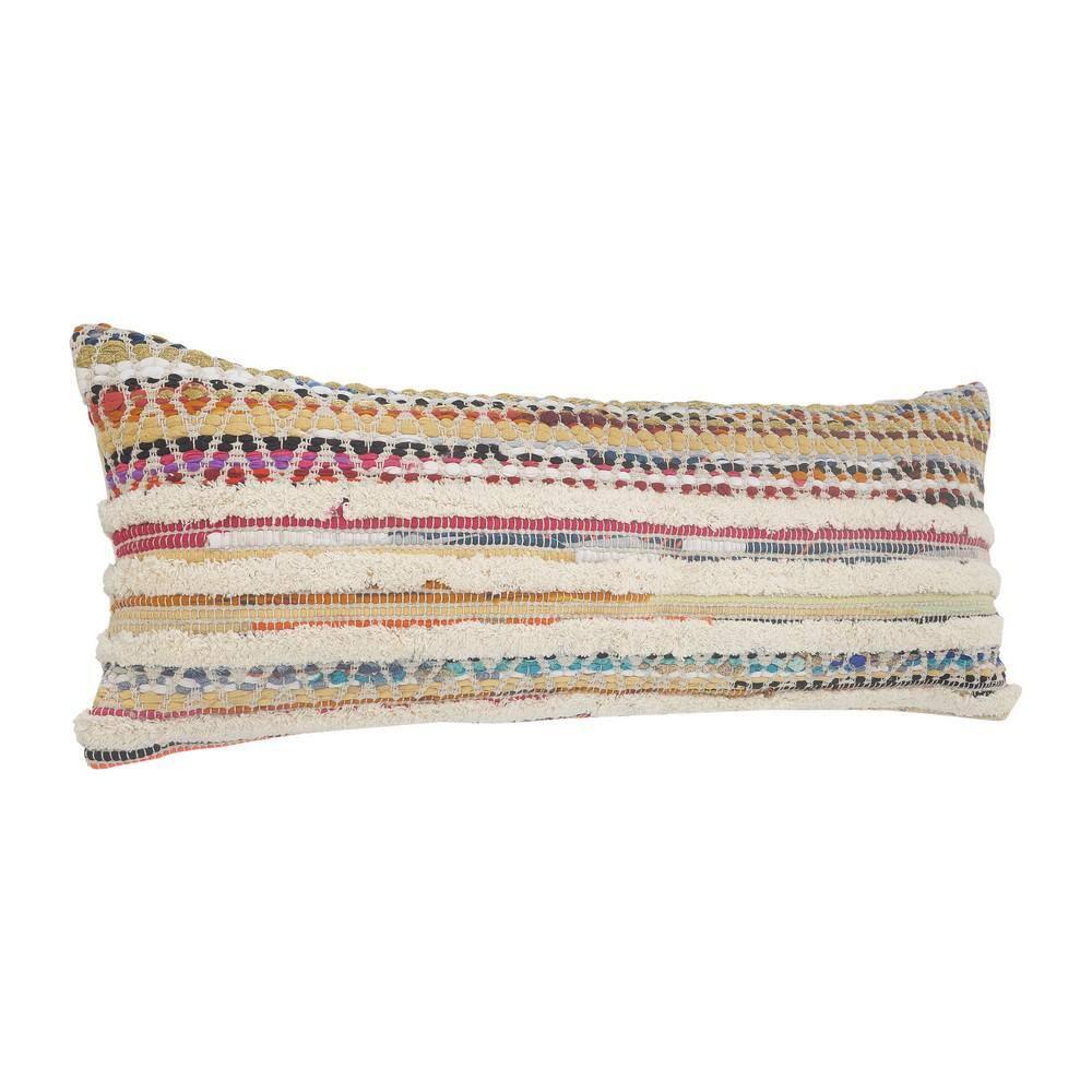 ZeaZu 14" X 36" Off-White Red Blue Orange And Green 100% Cotton Striped Zippered Pillow