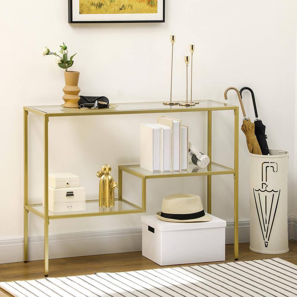 HOMCOM Gold Console Table, 39" Tempered Glass Behind Sofa Table, Narrow Entryway Table with Storage Shelves, Steel Frame Glass Table