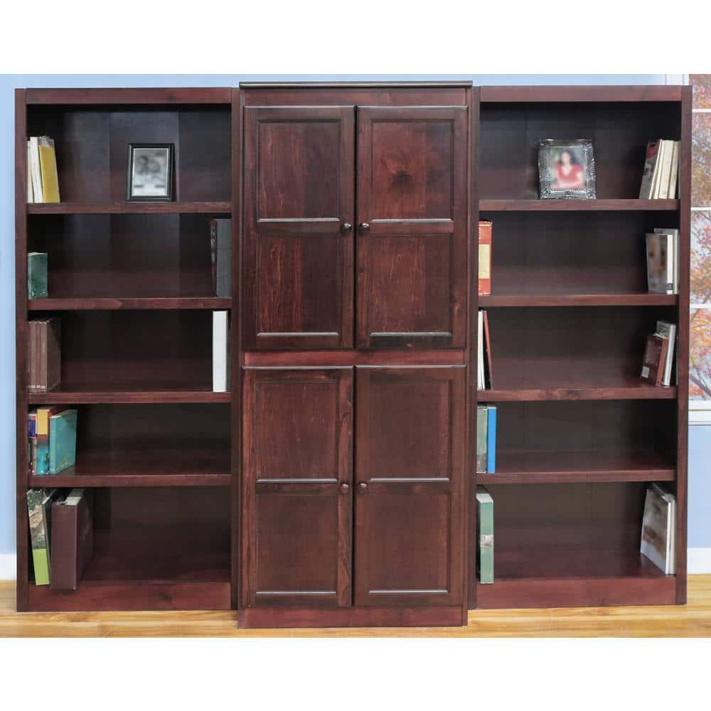 Concepts in Wood 15 Shelf Bookcase Wall with Doors, 72 inch Tall - Cherry Finish