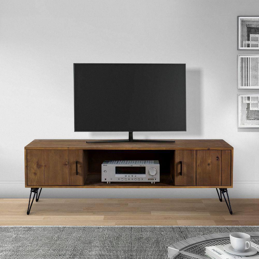 60 Inch Reclaimed Wood Rectangle Farmhouse Tv Stand Media Console, 2 Doors, Iron Legs, Natural Brown