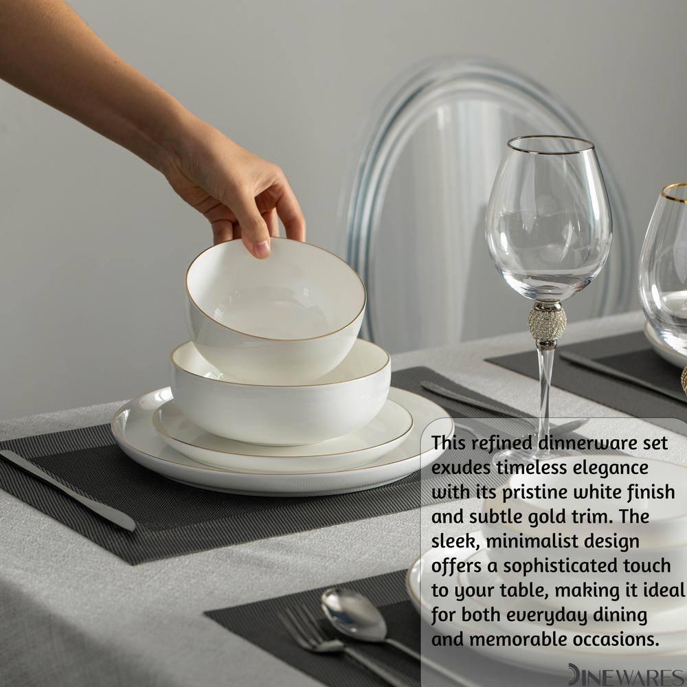 Dinewares White with Gold Rim Bone China Dinnerware Set - Service for 4, Includes Dinner Plates, Salad Plates, and Cereal or Soup Bowls
