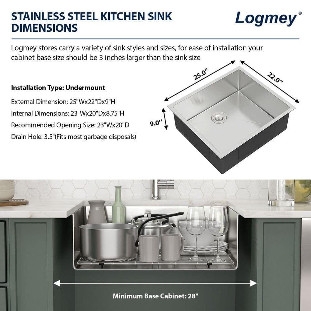 Logmey 25 Inch Drop In Kitchen Sink 25x22 In Handmade Stainless Steel Kitchen Sinks 16 Gauge Topmount Sink Single Bowl Round Corner Sink Bar Sink Prep 25x22x9 Inches