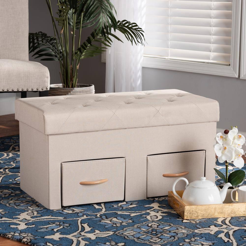 Baxton Studio Gerwin Modern and Contemporary Beige Fabric Upholstered and Oak Brown Finished Wood 2-Drawer Storage