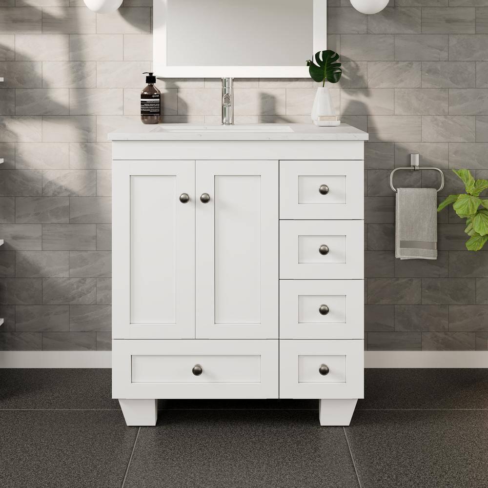 Eviva Happy 28"W x 18"D White Bathroom Vanity with White Carrara Quartz Vanity Top and Rectangular Undermount Sink