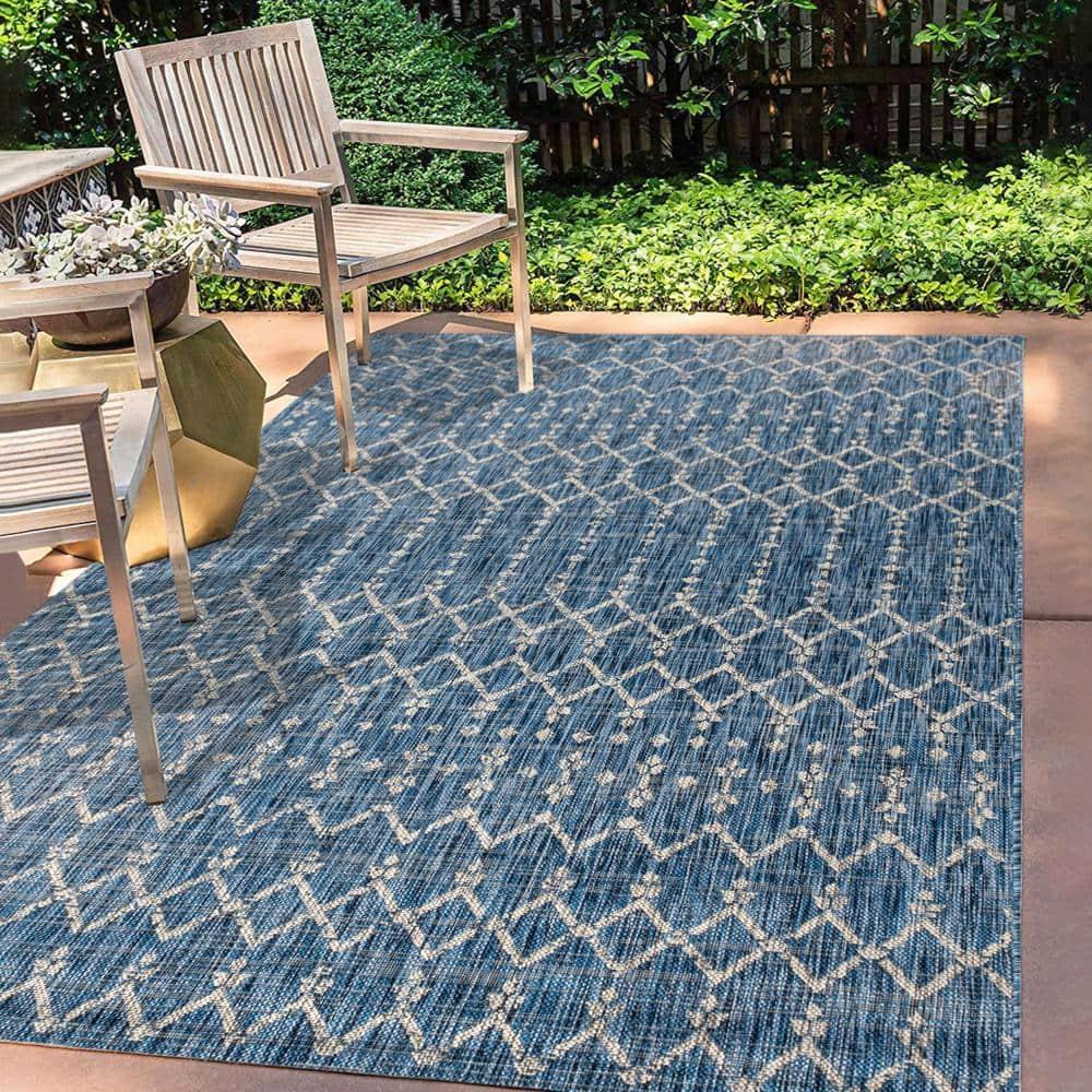 9' X 12' Ourika Moroccan Geometric Textured Weave Indoor/Outdoor Area Rug, Navy/Light Gray - JONATHAN Y