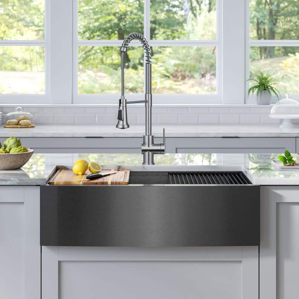 KRAUS Kore™ Workstation 33" L Farmhouse Apron Front 16 Gauge Black Stainless Steel Single Bowl Kitchen Sink