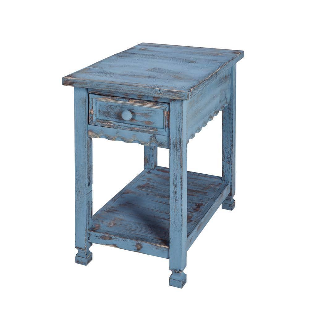 Alaterre Furniture Country Cottage Chairside End Table with 1 Drawer and 1 Shelf, Square Turned Legs, Farmhouse Style for Living Room, Antique Blue Finish
