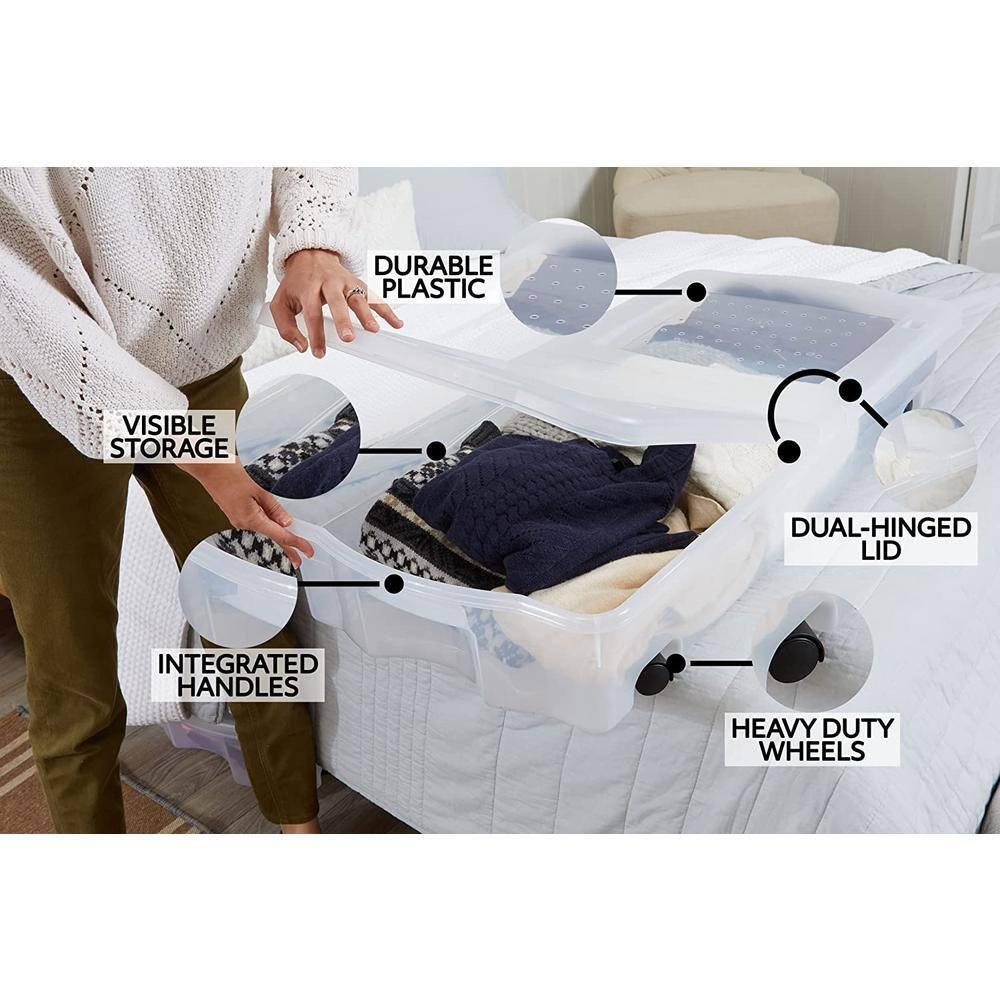 Rubbermaid 68 Quart Under the Bed Low Profile Storage Boxes with Dual Hinged Lids and Easy Rolling Caster Wheels, Clear, 2 Pack