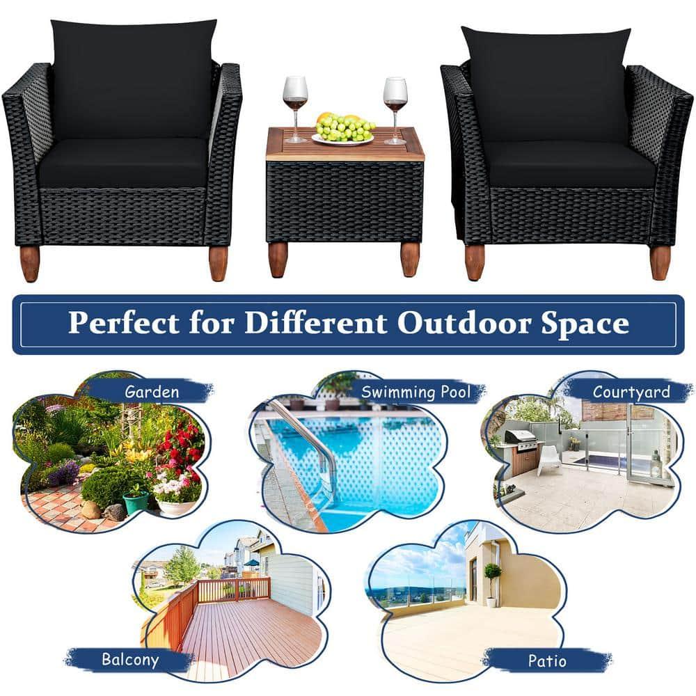 Costway 3PCS Outdoor Patio Rattan Furniture Set Wooden Table Top Cushioned Sofa Black