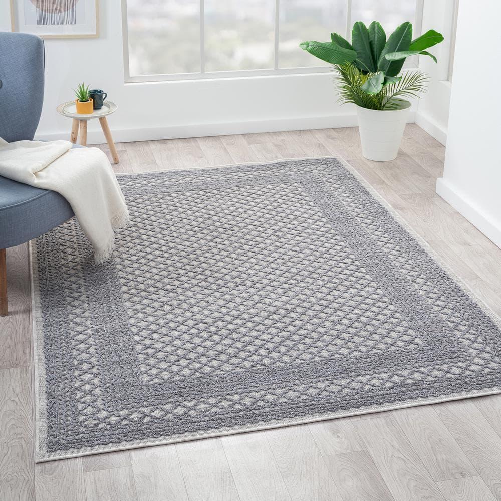 LR Home Gayle 7'10" x 8'10" Gray/Ivory Bordered Performance Indoor/Outdoor Area Rug