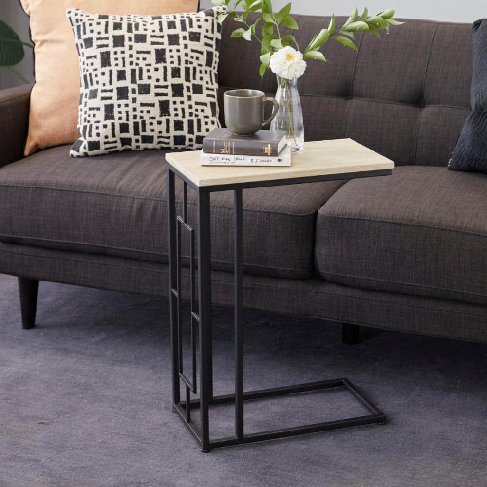 Olivia & May Contemporary Iron and Wood Accent Table Black: Sofa Side C-Table, Narrow Tray End Table