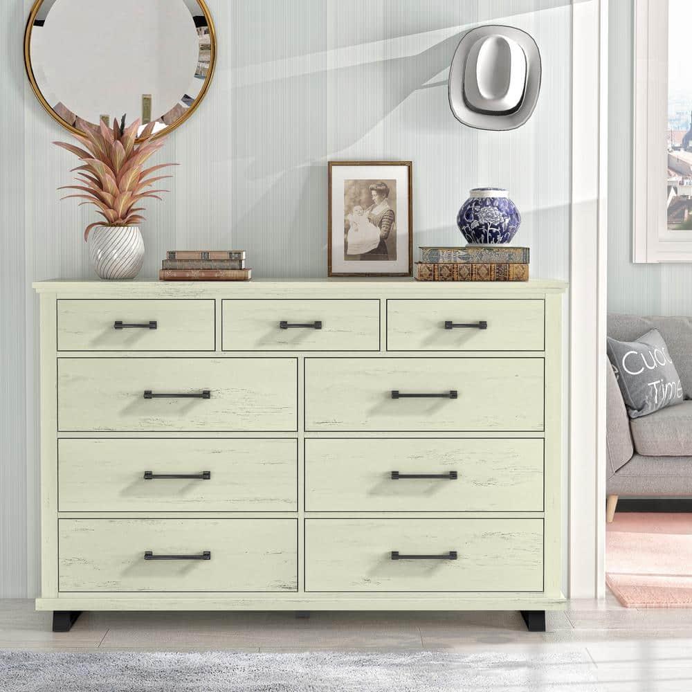 64" Dresser with 9 Drawers Cut Off-White - Festivo: Modern Farmhouse Style, Iron Leg Support, MDF Construction