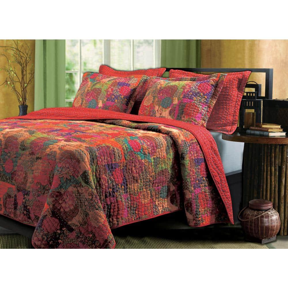 Greenland Home Fashions 3pc King Jewel Quilt Bedding Set Red/Pink/Green: Cotton Microfiber, Machine Washable