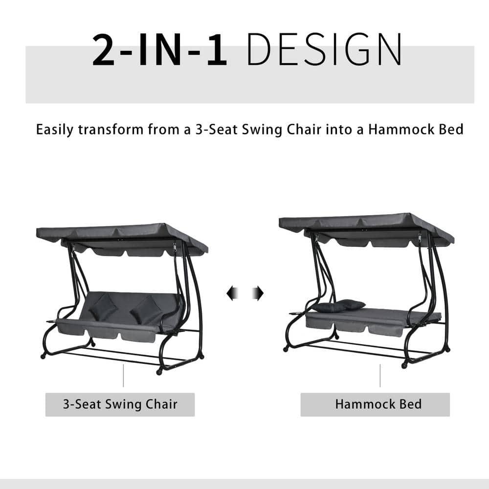Outsunny 3 Seat Outdoor Free Standing Swing Bench Porch Swing with Stand, Comfortable Cushioned Fabric & Included Canopy, Gray
