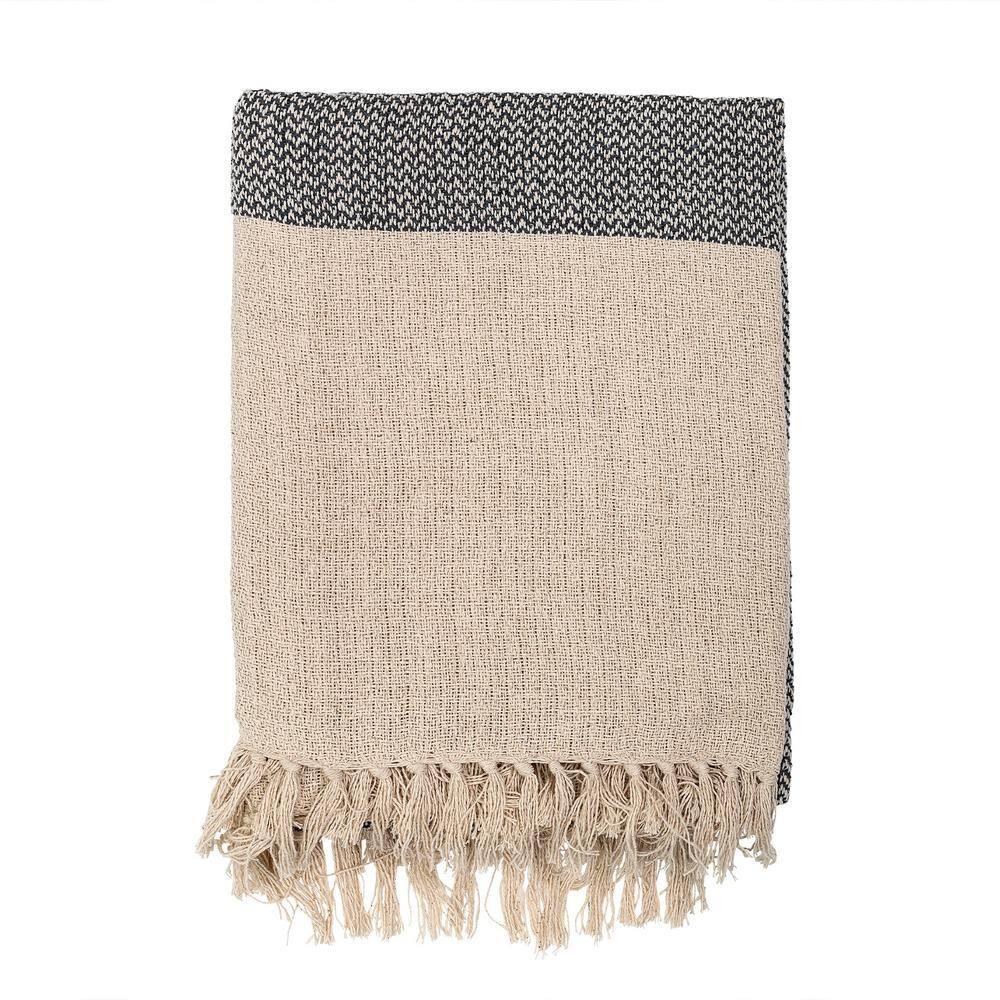 Soft Cotton Blend Knit Throw with Fringe, Grey and Cream