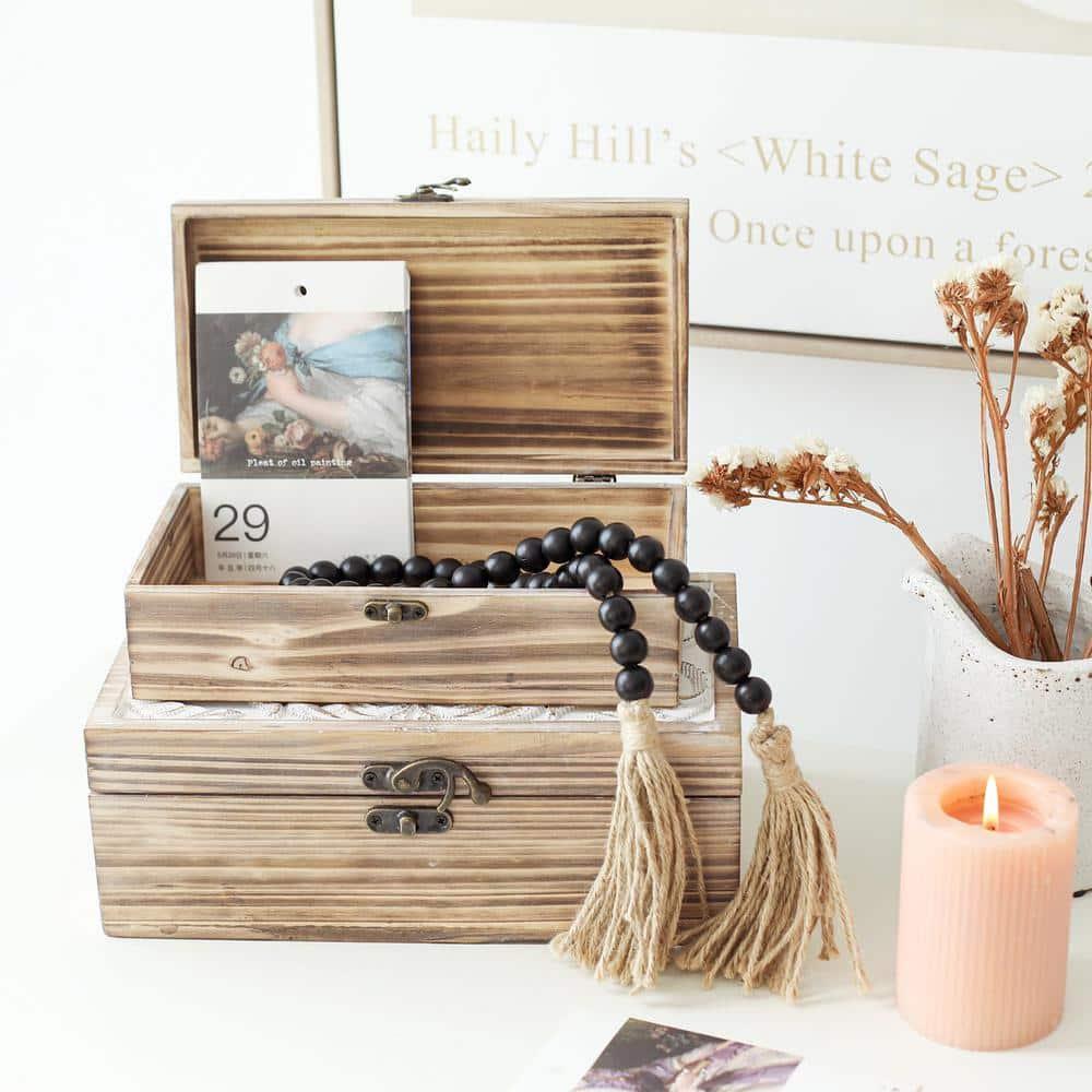 Wooden Box Set of 2 - Rustic Farmhouse Decorative Boxes with Hinged Lid and Carved Design