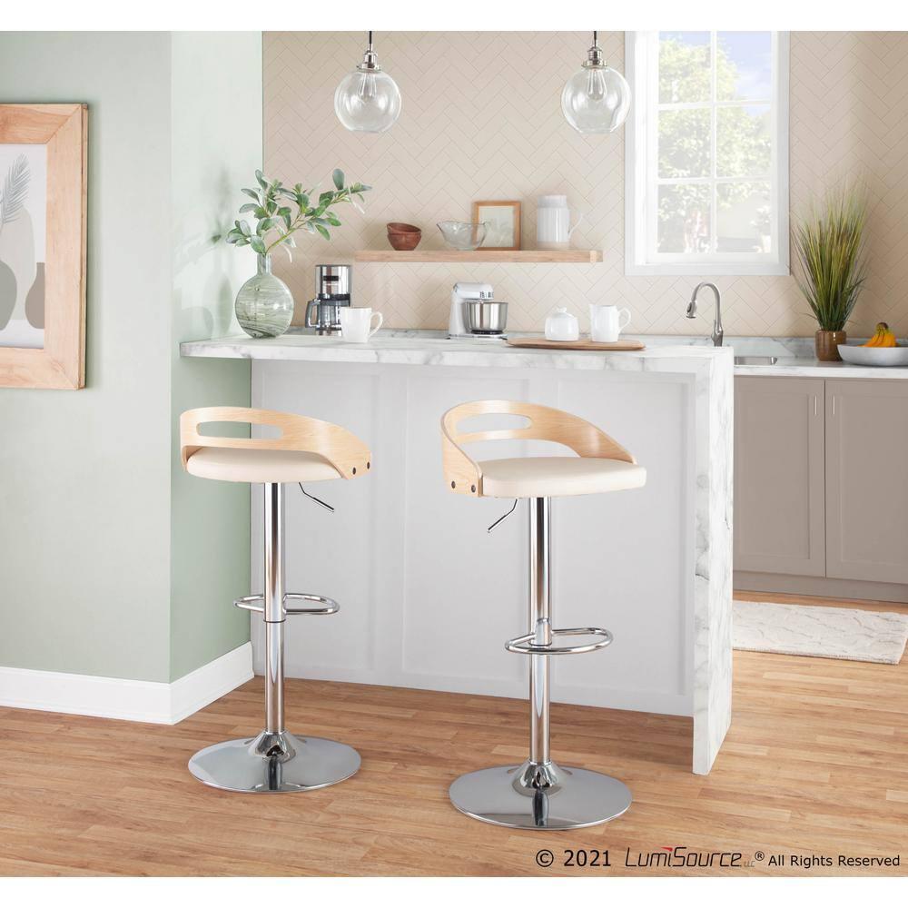 Cassis Mid-Century Modern Adjustable Barstool With Swivel In Natural Wood And Cream Faux Leather