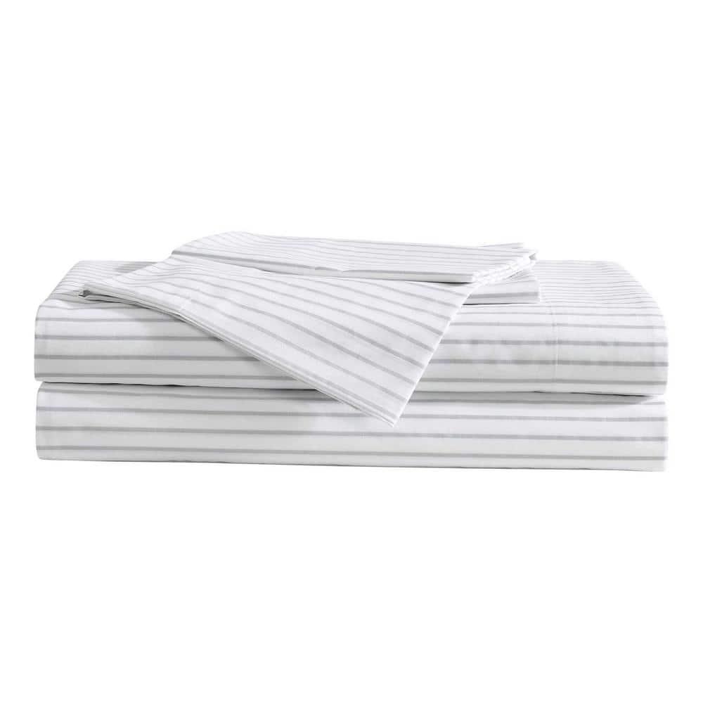 Gray and White Cotton Percale Twin Sheet Set with Stripes