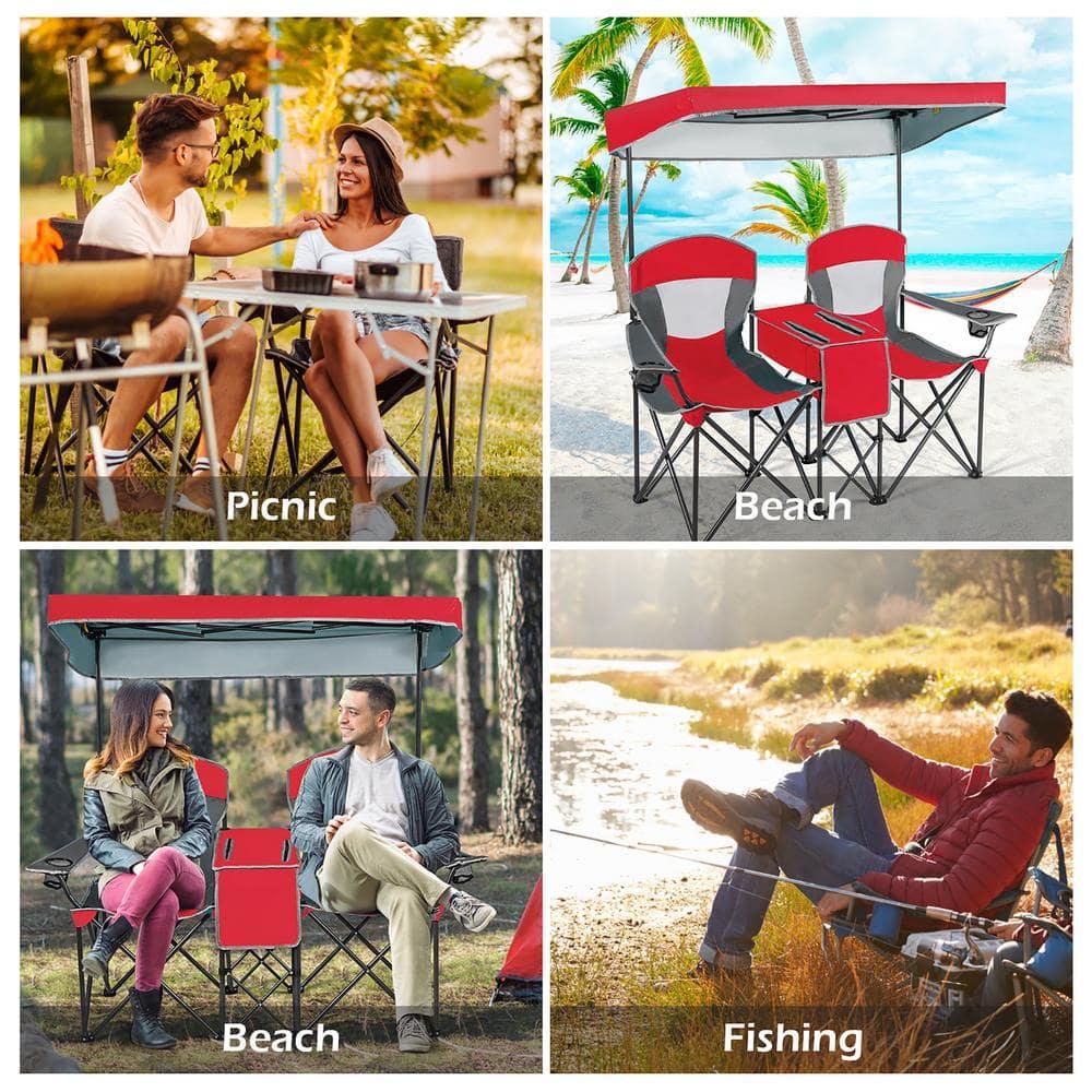 Costway Portable Folding Camping Canopy Chairs w/ Cup Holder Cooler Outdoor Red