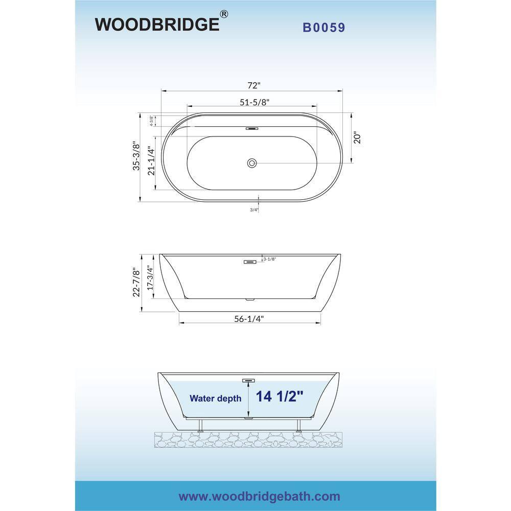 WoodBridge 72'' x 35.375'' Freestanding Acrylic Double Ended Bathtub with Wide Rim,  - Available in Glossy White/Black, with 5 Finish Options for Trim B0059-MB
