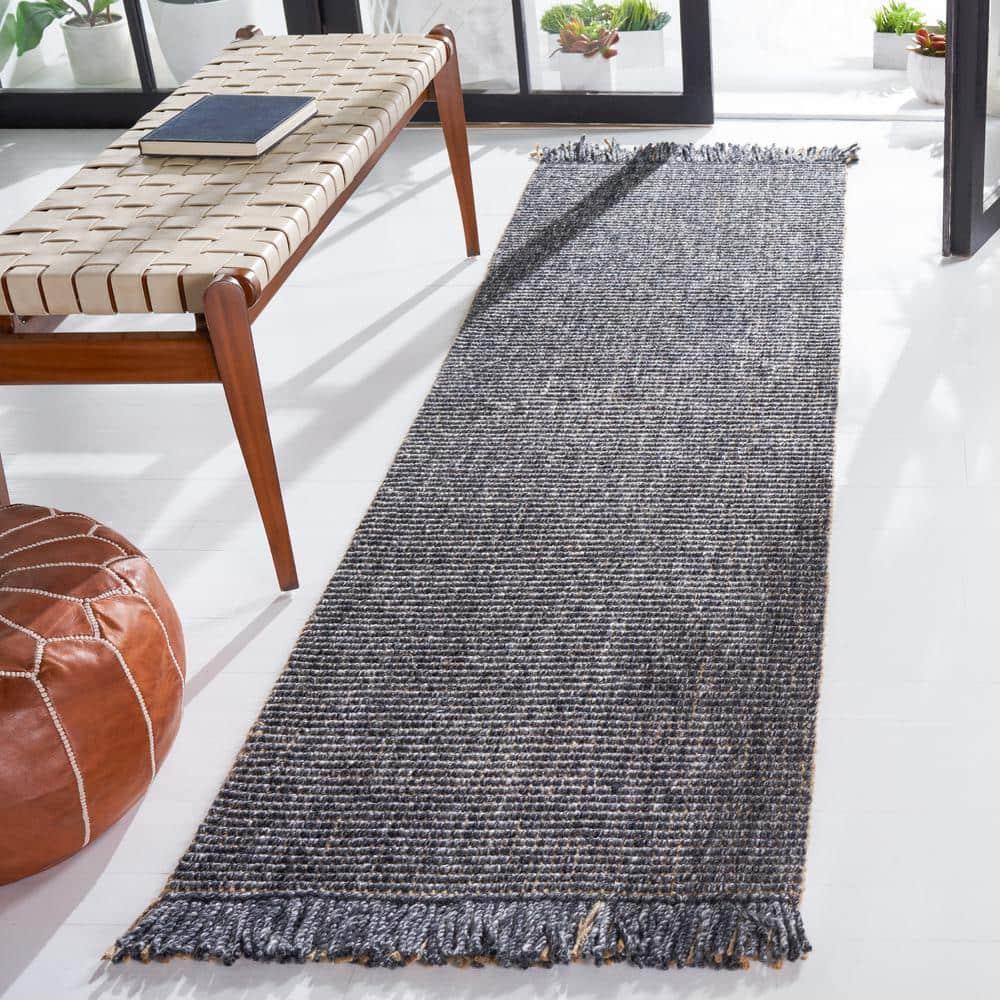 Handmade Charcoal and Natural Wool Runner Rug with Fringe
