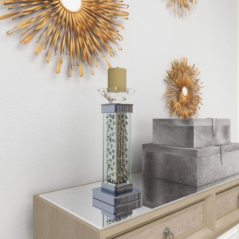 DecMode Silver Glass Pillar Candle Holder with Floating Crystals