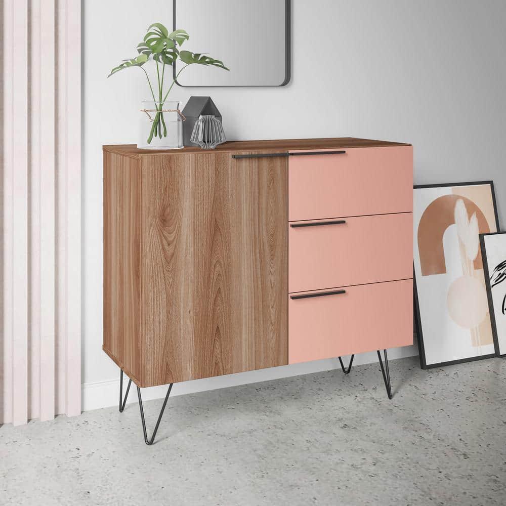 35.43" Beekman Dresser Brown/Pink - Manhattan Comfort: Splayed Metal Legs, Mid-Century Storage