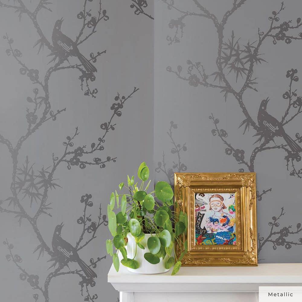 Tempaper & Co.® x Cynthia Rowley Bird Watching Removable Peel and Stick Wallpaper, Dove Gray, 56 sq ft: Vinyl, Self-Adhesive, Botanical